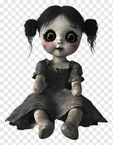 Creepy Haunted Doll PNG - Big-Eyed Vintage Horror Toy with Pigtails & Dirty Dress Free Download PNG image