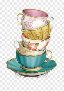 Stacked Watercolor Teacups PNG: Elegant Vintage Tea Set Illustration Free Download PNG image