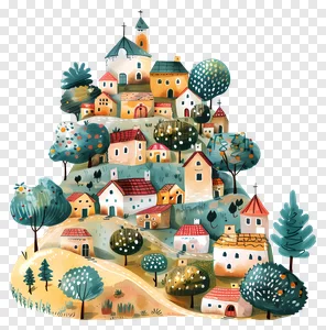Charming Hillside Village Watercolor Illustration PNG - Colorful Houses, Trees & Church Art Free Download PNG image