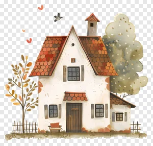 Charming Watercolor Cottage PNG with Red Tiled Roof, Autumn Trees & Bird | Free Cozy House Illustration Download PNG image