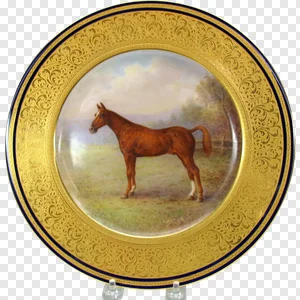 Elegant Gold Ornate Horse Painting Plate PNG | Vintage Equestrian Decorative China with Cobalt Blue Border | Free Download PNG image