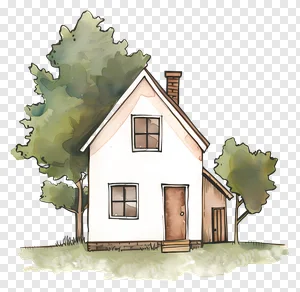 Free Download: Charming Watercolor House PNG | Cottage Illustration with Trees & Chimney on Transparent Background PNG image