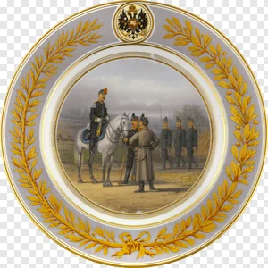 Vintage Military Scene Decorative Plate PNG | Imperial Russian Cavalry & Soldiers Art | Antique Porcelain with Gold Laurel Wreath & Double-Headed Eagle Emblem - Free Download PNG image