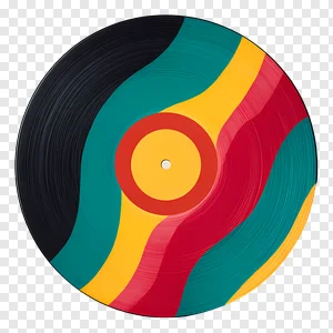 Colorful Wavy Striped Vinyl Record PNG - Retro Music Disc with Teal, Yellow & Red Abstract Design on Black Background - Free Download PNG image