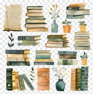 Cozy Watercolor Books & Plants PNG Collection - Vintage Stacked Books, Open Book, Potted Greenery Clipart for Free Download. Perfect for literary, educational, or decor projects. PNG image