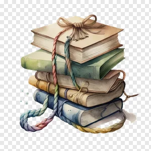 Watercolor Stack of Vintage Books PNG | Cozy Book Stack Tied with Colorful Ropes & Bow | Free Education & Reading Clipart Download PNG image
