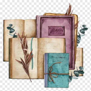 Watercolor Vintage Books & Botanical PNG Clipart: Free Download of Old Open Books, Teal Journal, Eucalyptus & Dried Leaves Illustration PNG image