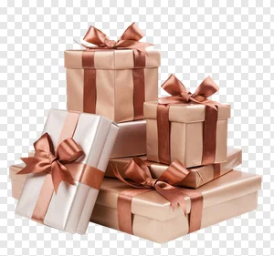 Free PNG: Elegant Stack of Rose Gold & Champagne Gift Boxes with Bows - Perfect for Celebrations, Holidays & Events preview
