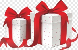 Free PNG: Two Elegant White Gift Boxes with Red Polka Dots & Shiny Red Bows | Festive Presents for Holidays & Celebrations preview