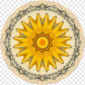 Vintage Yellow Orange Mandala PNG - Ornate Sunburst Floral Kaleidoscope Art with Decorative Border. Free Download for Aesthetic Projects & Creative Graphics. PNG image