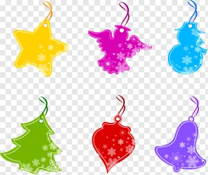 Colorful Christmas & Winter Holiday Tags PNG | Snowflake Ornaments: Star, Dove, Snowman, Tree, Bauble, Bell Vector | Free Download Gift Labels & Decorations PNG image