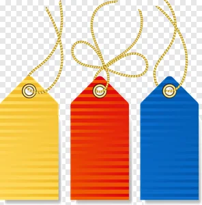 Colorful Striped Price Tags PNG - Yellow, Red, Blue Blank Sales Labels with Gold String for Deals & Discounts PNG image