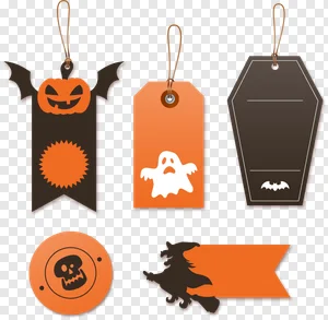Free Halloween Tags PNG Pack: Spooky Pumpkin, Ghost, Coffin, Witch & Skull Labels | Transparent Clipart Download PNG image