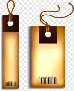 Free PNG: Vintage Brown & Gold Product Tags with Barcode & Rope Strings – Elegant Blank Label Templates for Price, Gift & Design Downloads PNG image