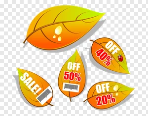Autumn Leaves Sale & Discount Tags PNG - Fall Season Offers, 20% 40% 50% Off Labels with Ladybug & Water Droplets PNG image
