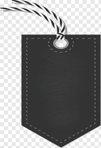 Elegant Black Stitched Tag PNG with Striped Cord & Silver Grommet - Free Download for Your Designs PNG image