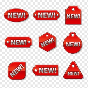 Free Download: Glossy Red 'NEW!' Tags & Labels PNG Collection - Eye-Catching Promotional Banners for Websites, Products & Announcements PNG image