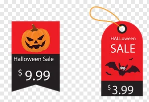 Free Halloween Sale Price Tags PNG - Pumpkin Jack-o'-Lantern & Cute Bat Discount Labels Vector for Spooky Deals PNG image