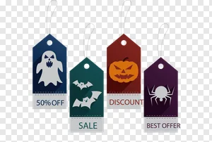 Free Halloween Sale Tags PNG Set: Spooky Discount Labels & Price Badges with Ghost, Bat, Pumpkin, Spider Icons PNG image