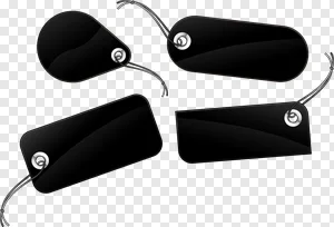 Free PNG Download: Glossy Black Tags Set - Blank Labels with Strings & Eyelets for Price, Product, and Sale Design. Vector-style assortment of various shapes for versatile use. PNG image