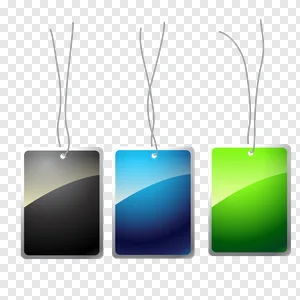 Free PNG Download: Set of 3 Glossy Hanging Tags - Black, Blue & Green Gradient Rectangle Labels for Product & UI Design PNG image