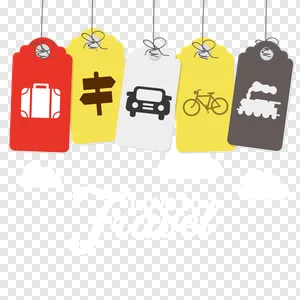 Love to Travel PNG: Free Download of Vibrant Tags Featuring Suitcase, Car, Bike, Train & Signpost Icons – Your Ultimate Travel Adventure Graphic PNG image