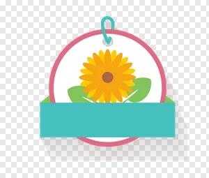 Sunny Flower Decorative Tag PNG with Teal Banner & Long Shadow Effect - Free Download PNG image