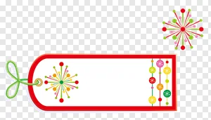 Vibrant Festive Gift Tag PNG with Colorful Starbursts & Snowflake Ornaments | Free Blank Label Download PNG image