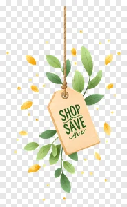 Free PNG: Watercolor 'Shop Save Ave' Tag with Green Leaves & Gold Petals - Perfect for Sales & Promotions PNG image