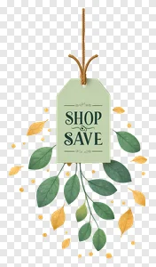 Free Shop Save Sale Tag PNG with Organic Green Leaves & Autumn Yellow Foliage - Download Discount Banner PNG image