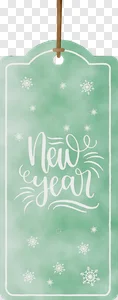 Free New Year Gift Tag PNG | Elegant Green Watercolor Label with Snowflakes & Calligraphy | Festive Instant Download PNG image