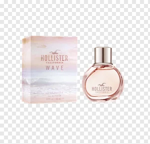 Hollister Wave Eau de Parfum PNG - Free Download | Women's Pink Fragrance Bottle & Box with Rose Gold Cap PNG image