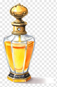 Elegant Vintage Perfume Bottle Watercolor PNG - Luxurious Gold & Amber Fragrance Illustration with Transparent Background PNG image