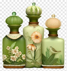 Elegant Green Ornate Decorative Bottles PNG - Vintage Perfume Vases with Floral, Bird & Pearl Accents Free Download PNG image