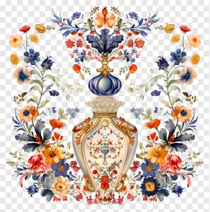 Ornate Baroque Floral Vase PNG - Vintage Luxury Design with Colorful Blooms on Black Background, Free Download PNG image