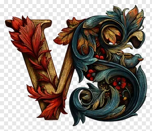 Ornate Vintage Floral "VS" Letters PNG - Decorative Alphabet Initials, Gold, Blue & Red Engraved Design Free Download PNG image — free transparent PNG download