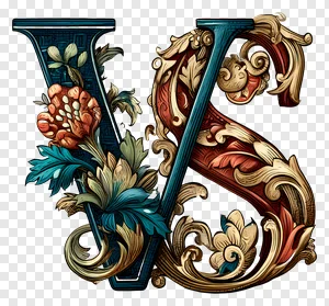 Ornate VS Monogram PNG | Vintage Floral & Baroque Decorative Letters V & S | Elegant Alphabet Initial Art PNG image