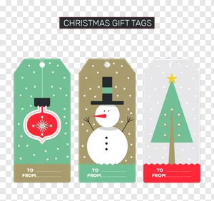 Free Printable Christmas Gift Tags PNG - Festive Holiday Designs: Snowman, Tree & Ornament. Download High-Quality Vector-Style To/From Labels for Presents. PNG image