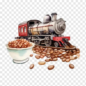 Watercolor Coffee Train PNG - Vintage Steam Engine & Coffee Beans PNG image