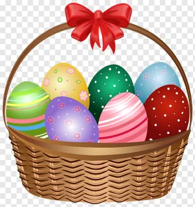 Vibrant Easter Basket with Colorful Decorated Eggs & Red Bow PNG | Free Holiday Download PNG image