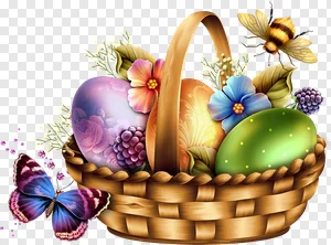 Colorful Easter Basket PNG: Decorated Eggs, Spring Flowers, Butterfly & Bumblebee Art - Free Download PNG image