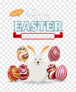 Happy Easter Bunny with Colorful Decorated Eggs PNG - Free Festive Holiday Celebration Graphic PNG image