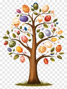 Vibrant Easter Egg Tree PNG: Colorful Decorated Eggs & Spring Leaves Illustration Free Download PNG image