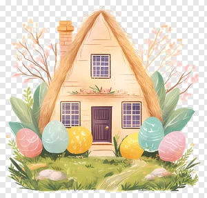 Free Whimsical Easter Cottage PNG with Watercolor Eggs & Spring Blossoms Illustration - Charming Thatched Roof House in a Lush Garden PNG image