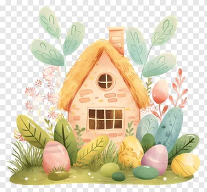 Whimsical Easter Cottage & Colorful Eggs PNG: Charming Thatched House, Spring Garden & Pastel Decor Illustration PNG image