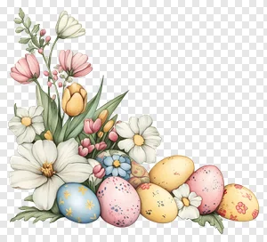 Free Watercolor Easter Eggs & Spring Flowers PNG Corner | Pastel Floral Arrangement Download PNG image