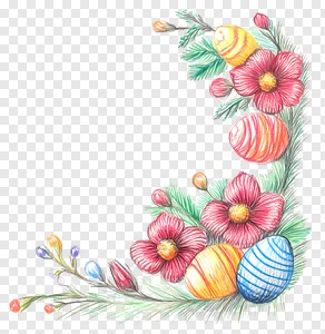 Vibrant Watercolor Flowers & Easter Eggs Corner Border PNG - Spring Holiday Decorative Frame Graphic Free Download PNG image