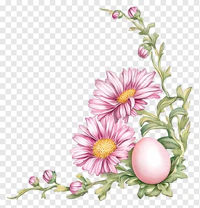 Watercolor Easter Egg & Pink Daisy Floral Corner PNG PNG image