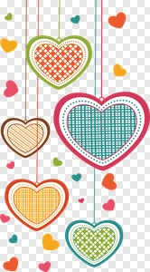 Colorful Hanging Hearts PNG | Vibrant Decorative Patterned Love Symbols - Free Download PNG image