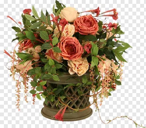 Lush Peach & Coral Rose Floral Arrangement in Vintage Urn PNG – Elegant Rustic Bouquet with Greenery & Decorative Vase PNG image
